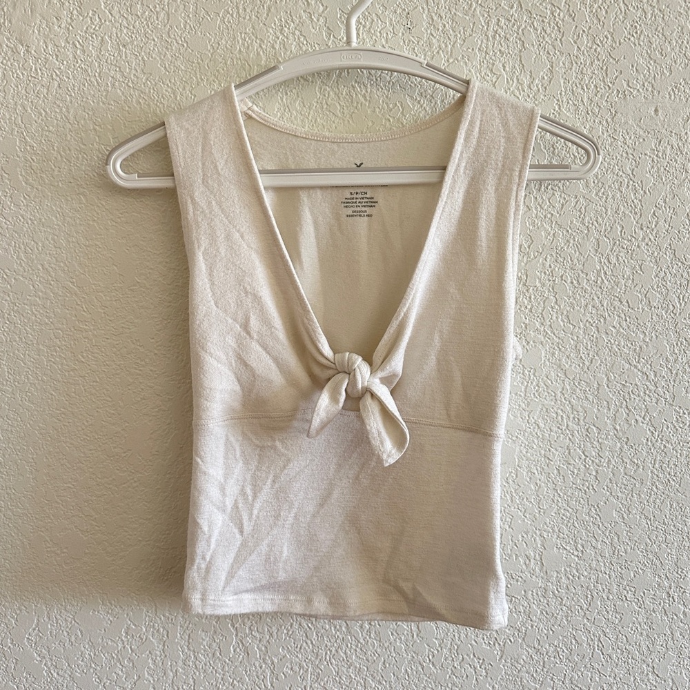 American Eagle Outfitters Cream White Tie-Front Knot Cutout Crop Tank Top Small